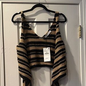 Zara Black and Brown Striped Tie-Front Top